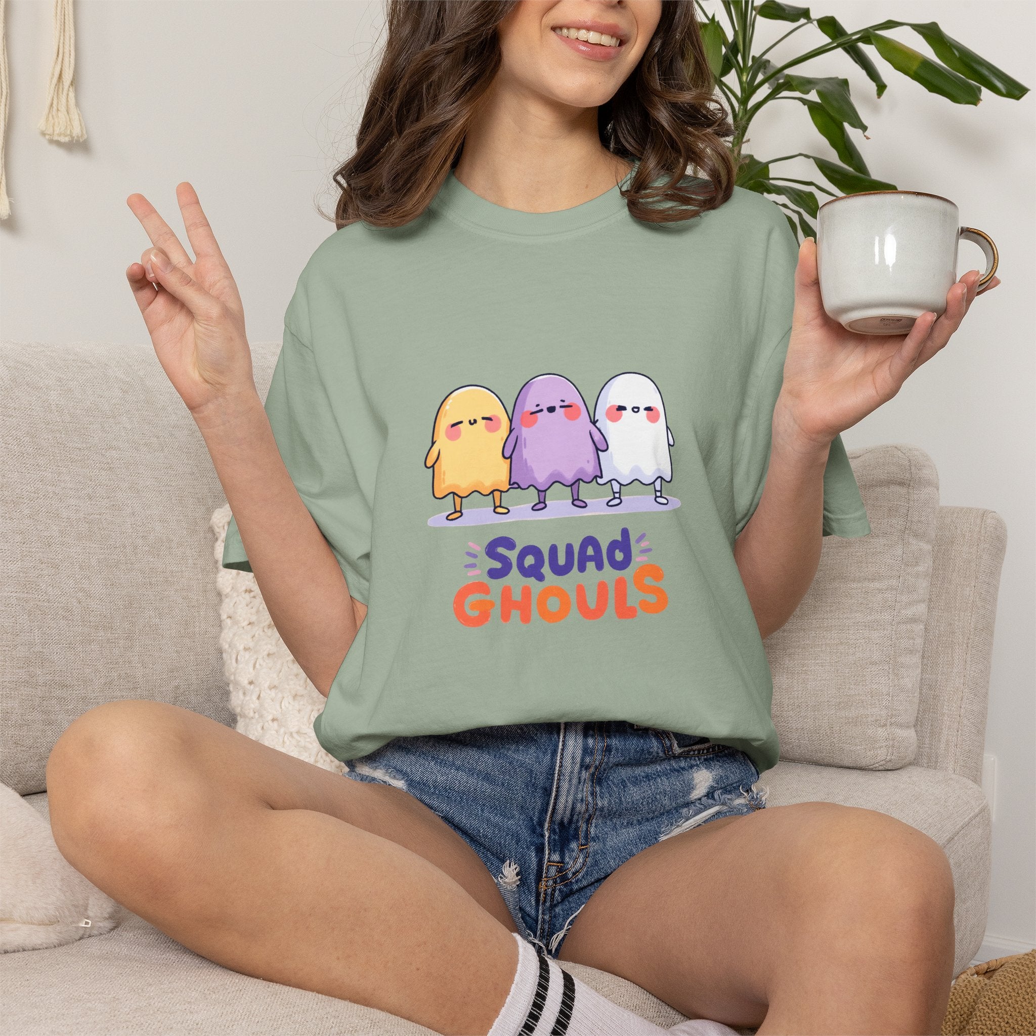Squad Ghouls cute ghost graphic tee, oversized streetwear Halloween shirt