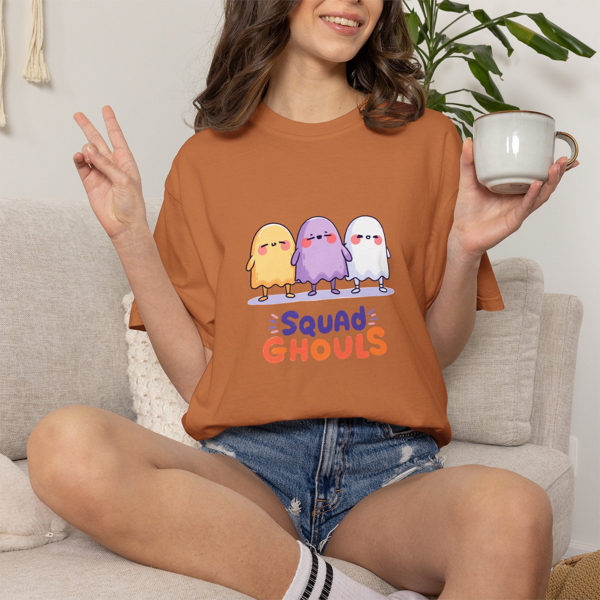 Squad Ghouls cute ghost graphic tee, oversized streetwear Halloween shirt