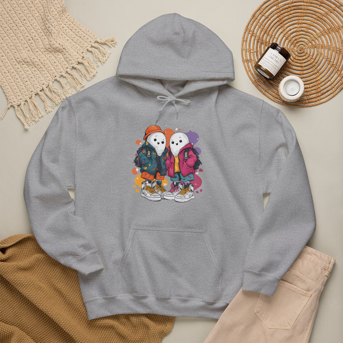 Streetwear Ghost Best Friends Hoodie – Cute Graphic Skater Ghosts Pullover, Matching BFF Sweatshirt, Halloween & Winter Holiday Gift, Unisex Hooded Sweatshirt