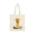 Bookish duck tote bag, natural canvas, flat lay