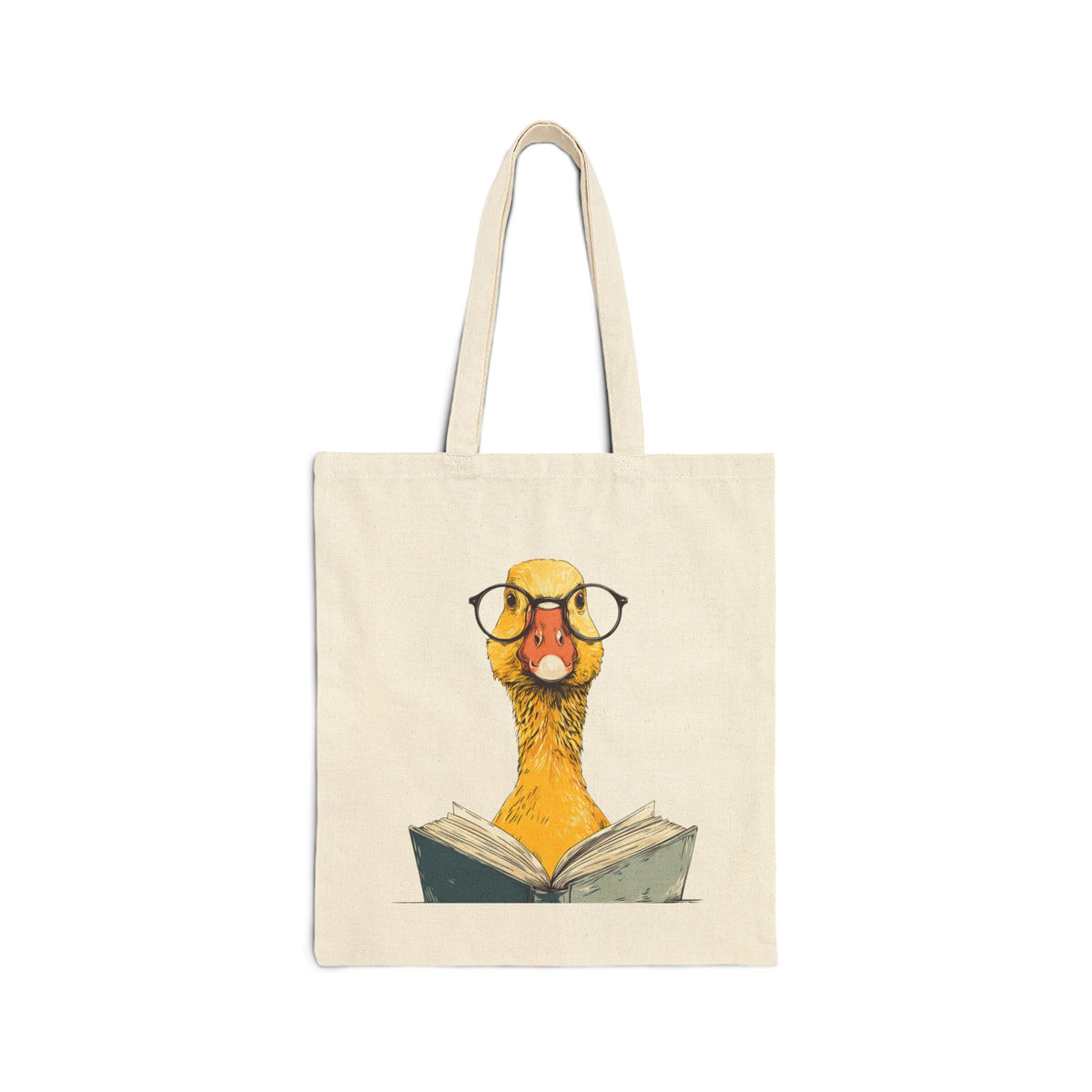 Bookish duck tote bag, natural canvas, flat lay