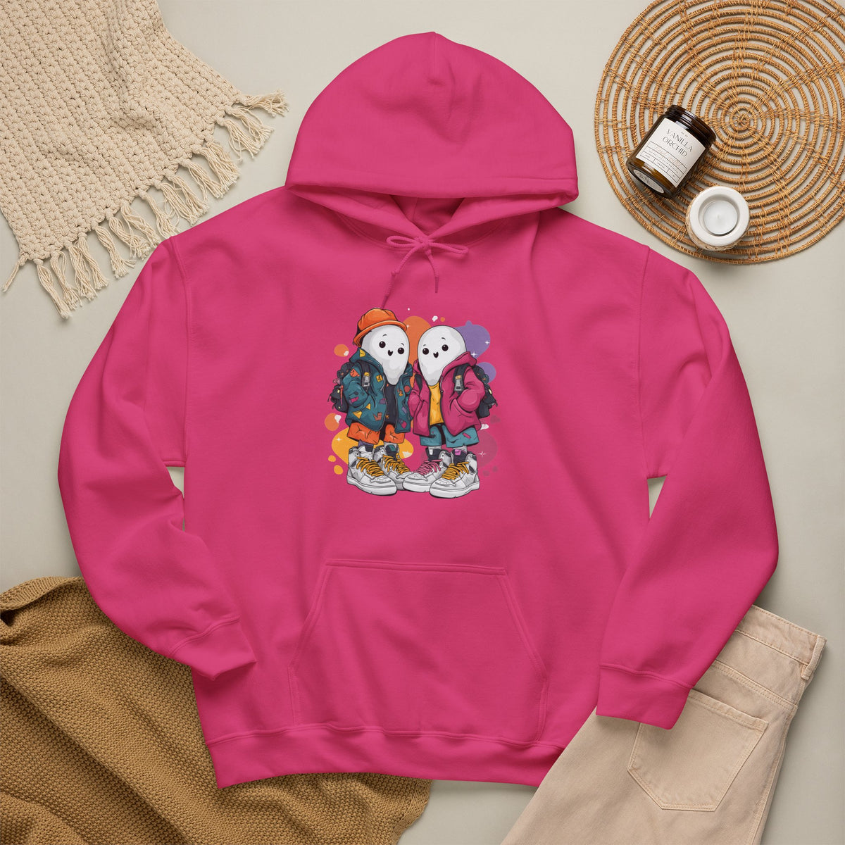 Streetwear Ghost Best Friends Hoodie – Cute Graphic Skater Ghosts Pullover, Matching BFF Sweatshirt, Halloween & Winter Holiday Gift, Unisex Hooded Sweatshirt