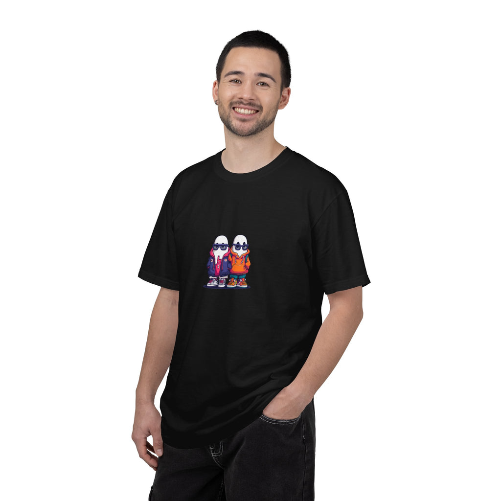 Duo Hood minimalist streetwear graphic tee, cool duo print