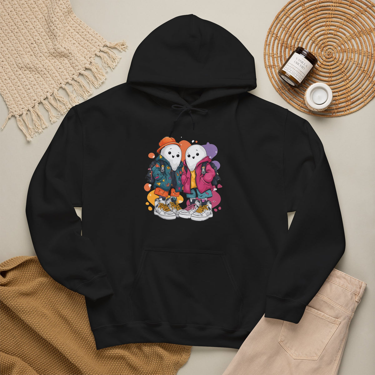 Streetwear Ghost Best Friends Hoodie – Cute Graphic Skater Ghosts Pullover, Matching BFF Sweatshirt, Halloween & Winter Holiday Gift, Unisex Hooded Sweatshirt