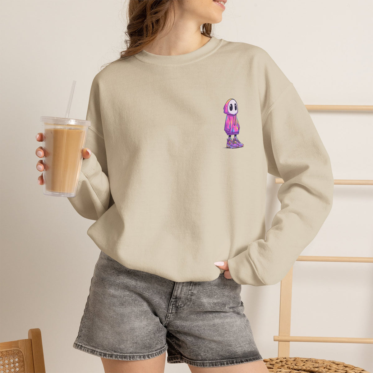 Cute Ghost Crewneck Sweatshirt – Minimalist Embroidered Streetwear Pullover, Cozy Halloween Sweatshirt, Aesthetic Fall Gift, Unisex Crew Neck