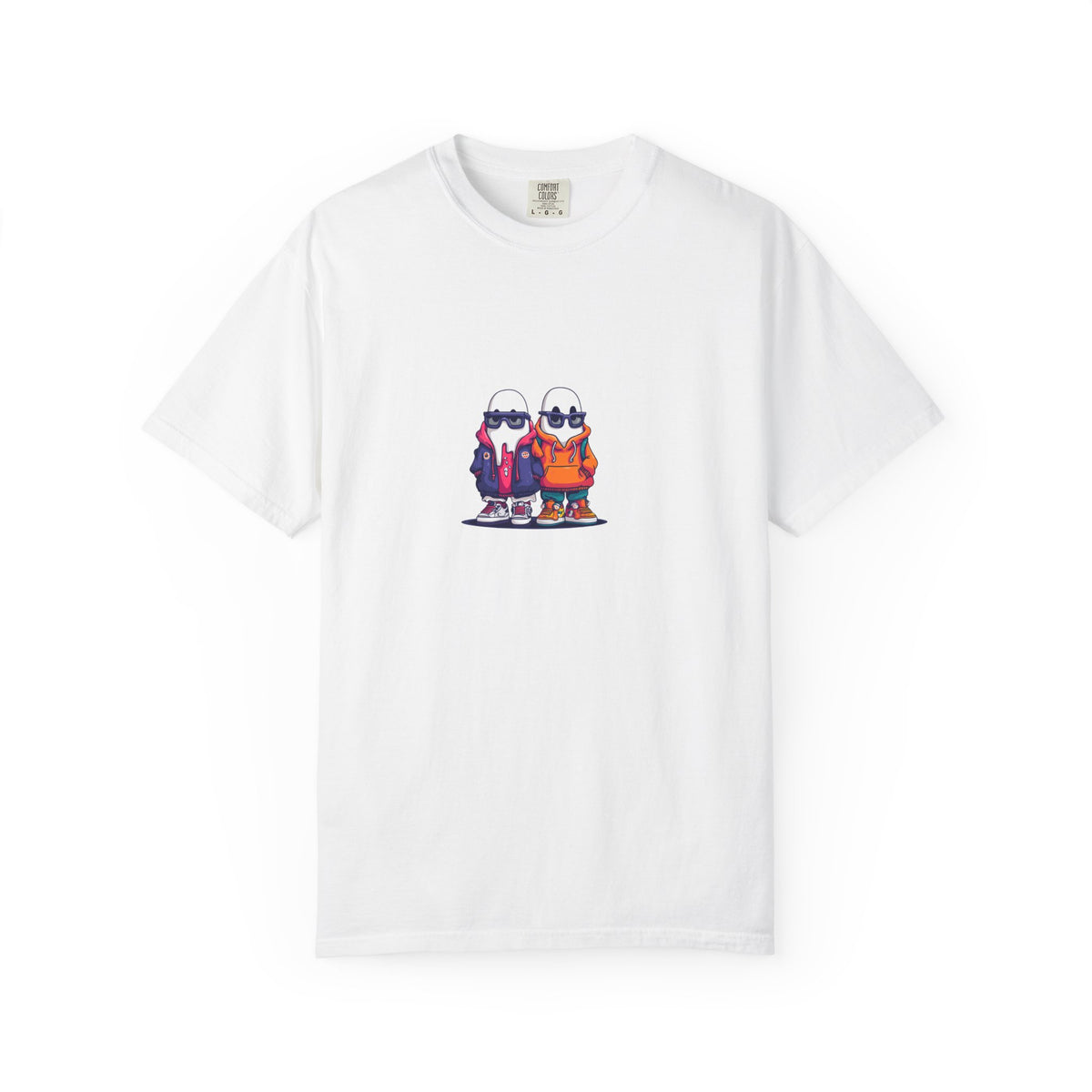 Duo Hood minimalist streetwear graphic tee, cool duo print