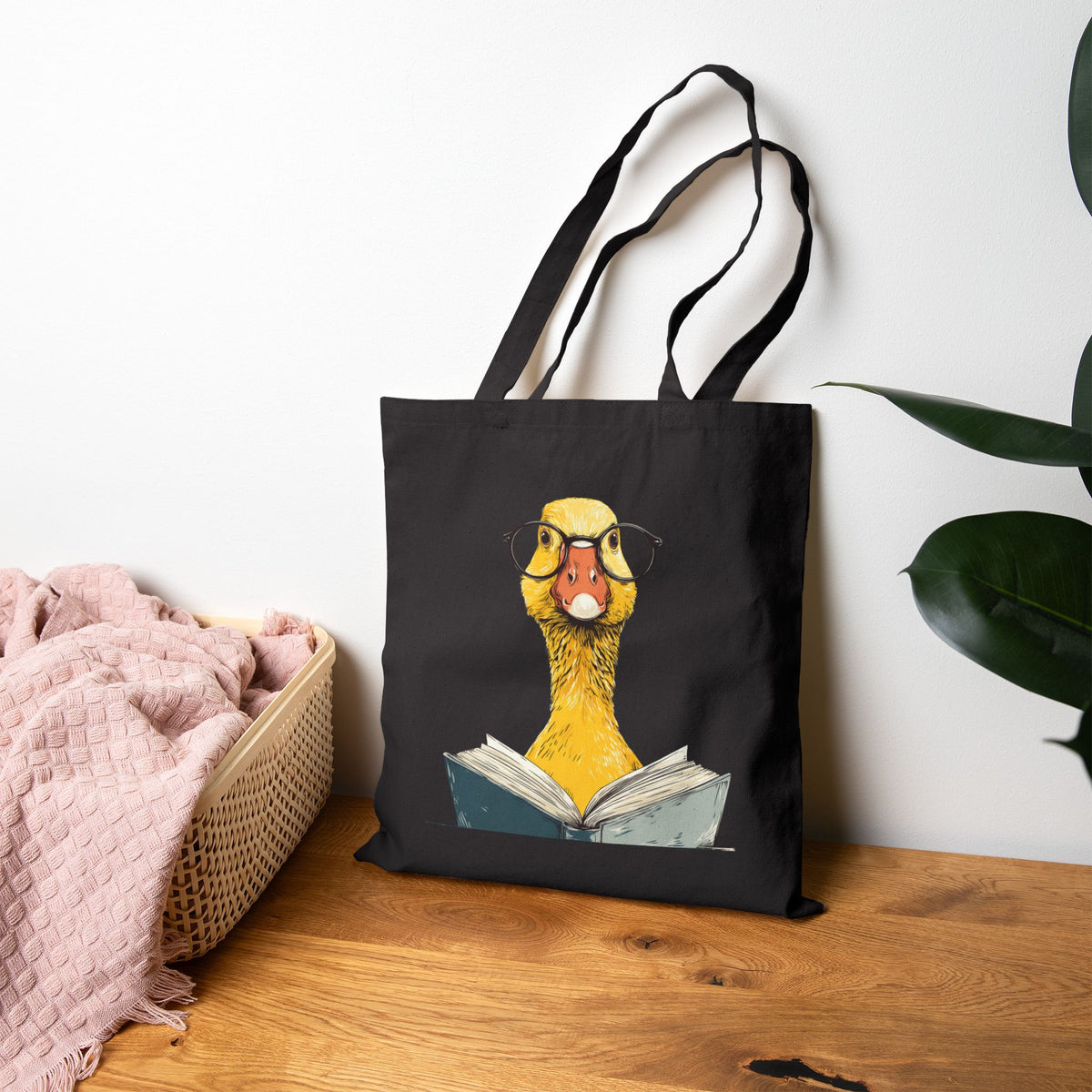 Bookish duck tote bag natural and black colors