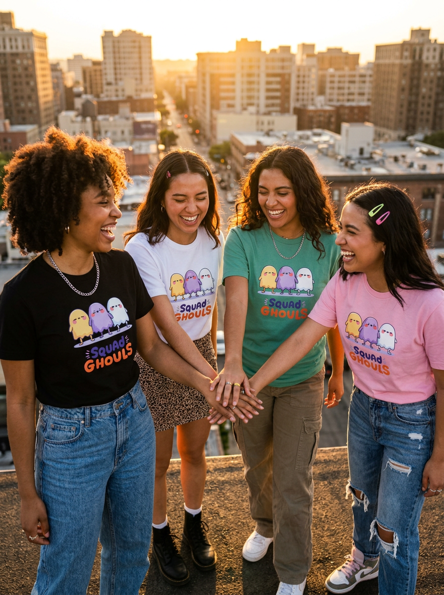 Squad Ghouls Halloween graphic tee, group of friends styled photo