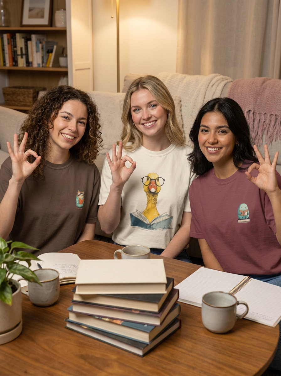 Bookish Caterpillar graphic tee styled with friends, book club lifestyle photo