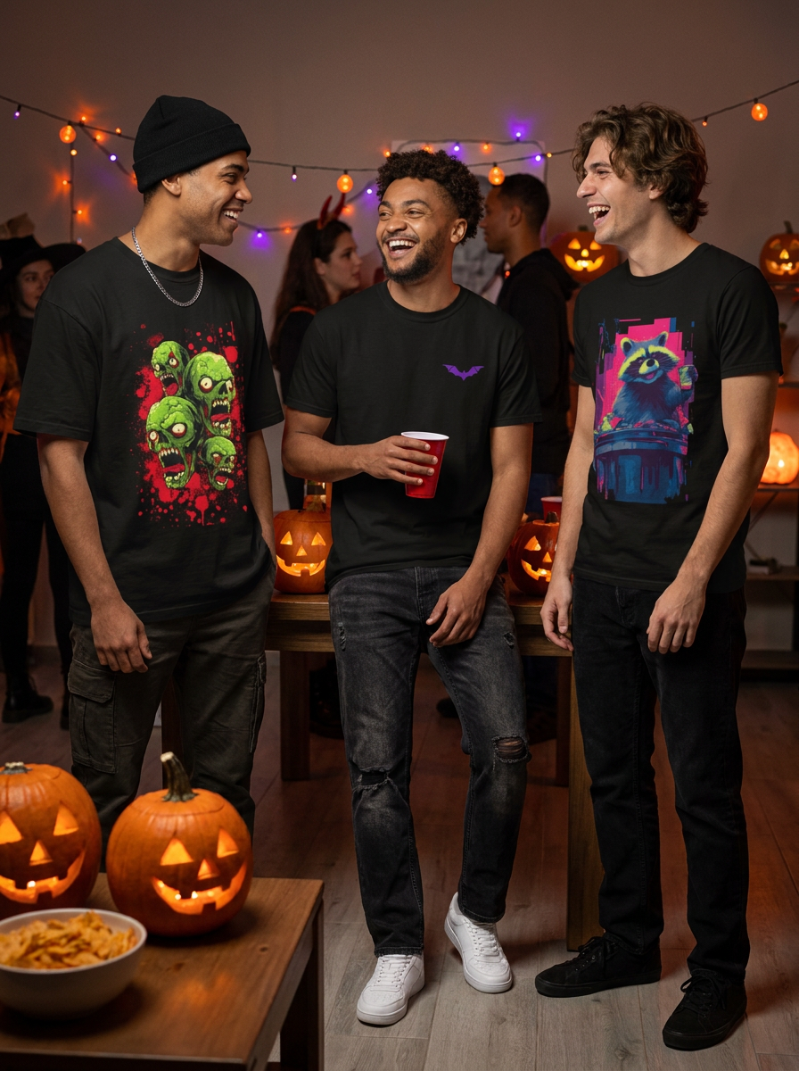 Trash Panda graphic tee, friends at Halloween house party lifestyle photo