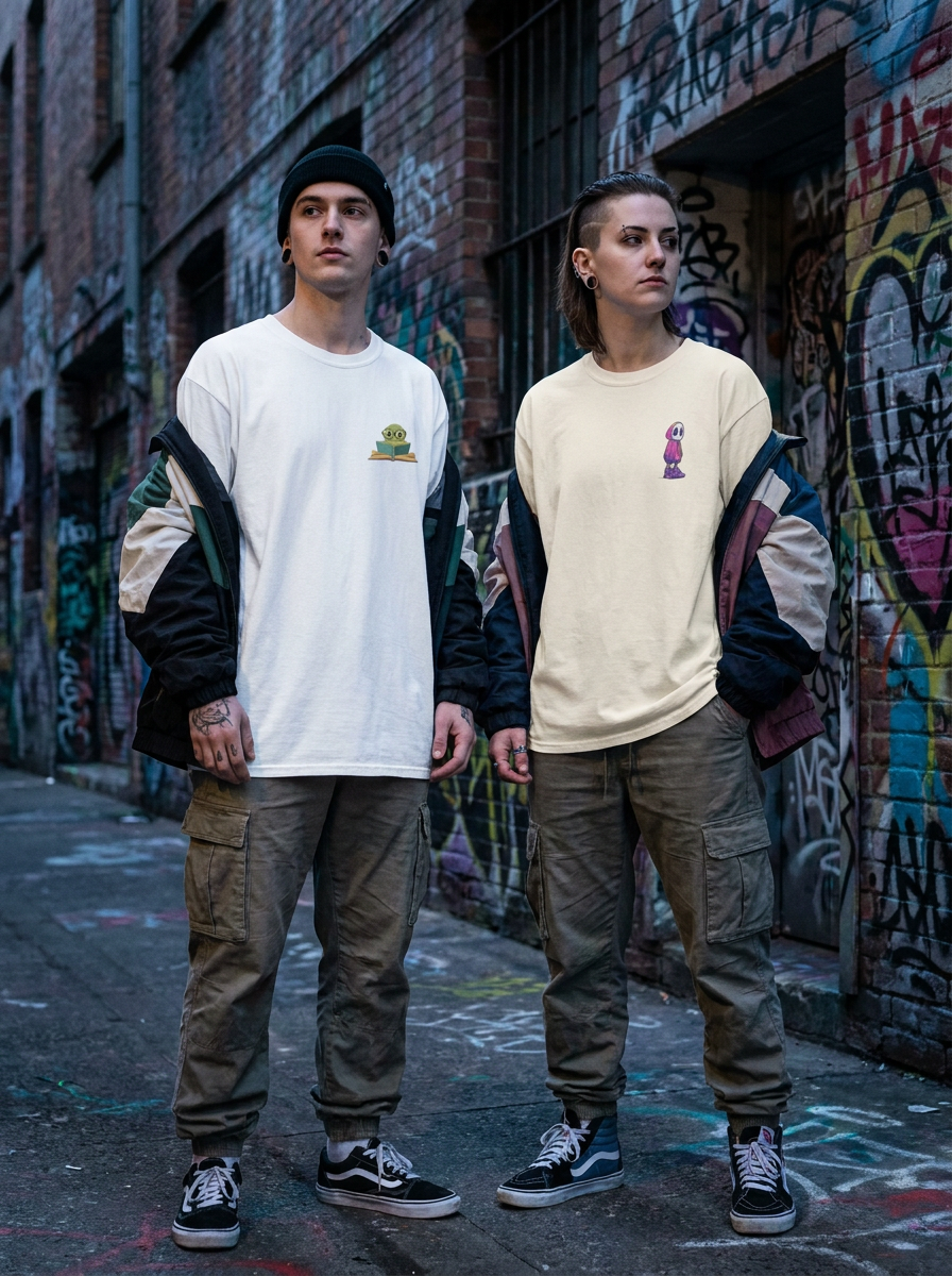 Streetwear Ghost Duo graphic tee styled with friends, alternative streetwear lifestyle photo